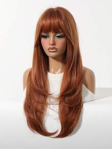 Peruca castanha escura moderna de 66 cm com franja, peruca sintética longa e lisa, adequada para uso diário feminino, festas e como presente perfeito para mulheres.