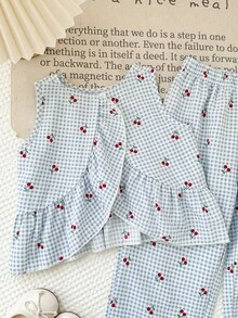 Girls' Blue Plaid Cherry 2 Pieces Set: Ruffle Trim Sleeveless Top + Wide Leg Pants, Children Sweet Casual Summer Outfit, Vacation Style - Multicolor - View 6