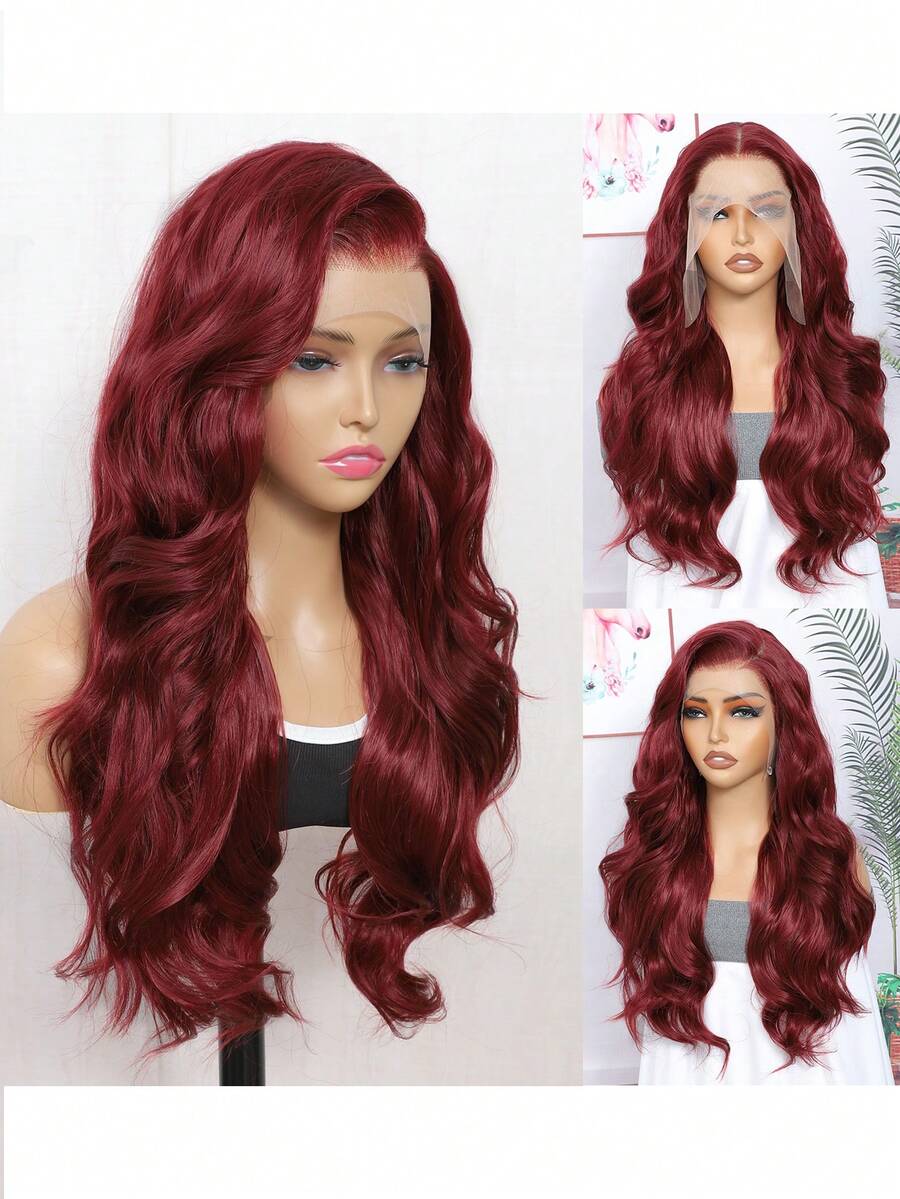13x6 Lace Front Wig, Burgundy Wavy Curly, Heat Resistant Synthetic Fiber, Transparent Lace Front Wig, Natural Looking For Women, Swiss Lace No Glue - Burgundy - View 1