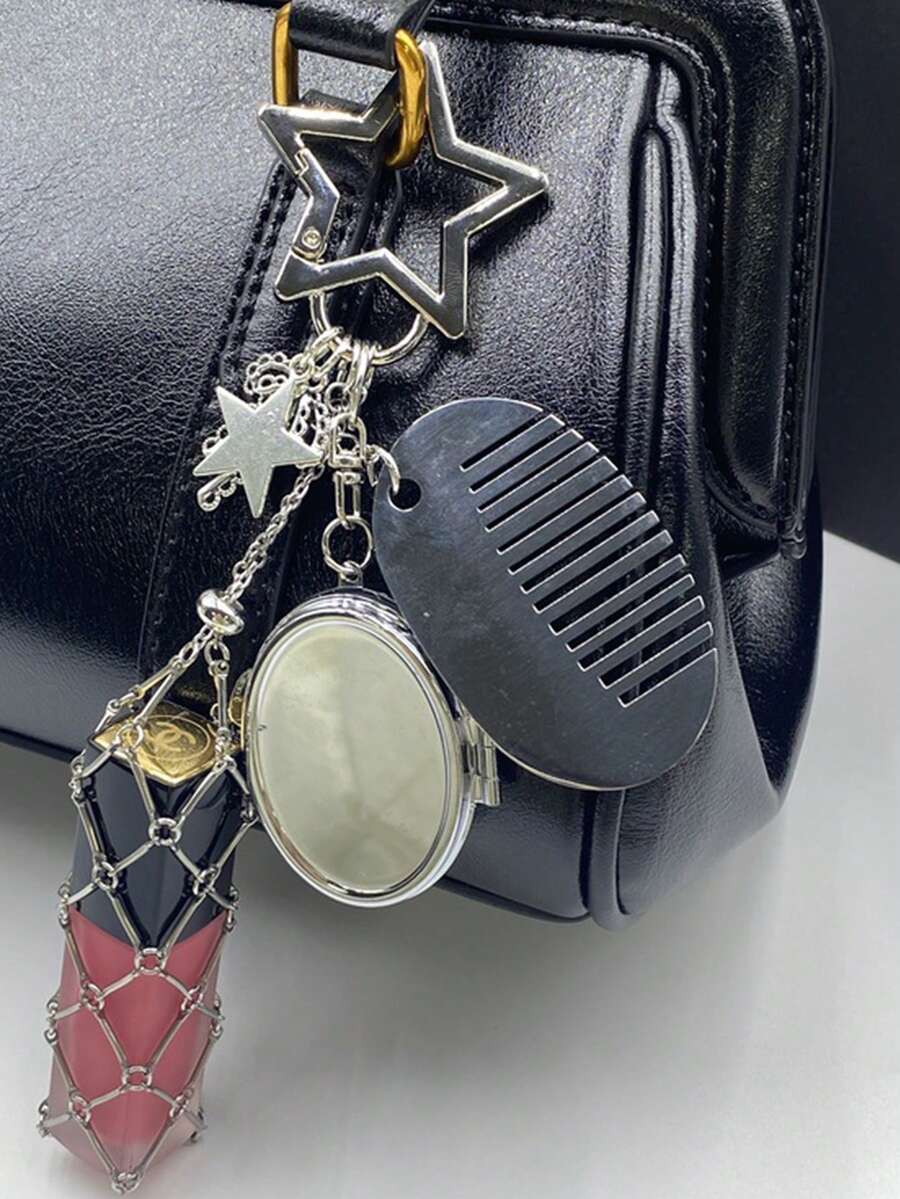 银色口红网袋，金属口红收纳袋吊坠，配有可替换不锈钢网袋，心形星形装饰口红盒钥匙扣，带心形镜子和小梳子。编织网袋，优雅钥匙扣 - 彩色 - 查看 1