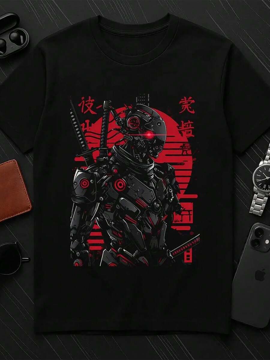 Cyber Samurai T-Shirt: Japanese Cyberpunk Anime Graphic Tee - Black 2 - View 1