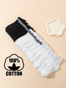 15 Pairs Cotton Children's Striped Mid-Calf Socks, Sporty Casual School Style, Black & White, All Season - Black and White - View 7