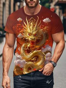 Men's Full-Body 3D Dragon Print T-Shirt - Chinese Dragon Design With Red, Golden & Suitable For Chinese Events, Casual Wear, Round Neck Short Sleeve Tee, Machine Washable Dragon T-Shirt, PLUS SIZE - 混合色 - 查看 7