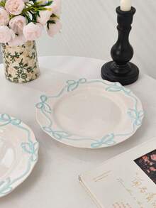 1pc Ins Style Bow Ribbon Ceramic Plate, Handmade Embossed Butterfly Dessert Plate, Elegant Cream Glaze Steak Plate, High Aesthetic Value