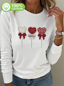 女士长袖T恤，印有可爱的爱心棒棒糖图案，复古小众设计，舒适纯棉圆领套头衫，适合秋冬季穿着。