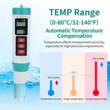 便携式五合一水质检测仪，带背光液晶显示屏和自动校准探头 - 可测量 pH 值/电导率/总溶解固体/盐度/温度，适用于饮用水、游泳池、水疗池、水族箱、热水浴缸 - 电池供电（不含电池） - 摄氏度/华氏度切换，电池续航时间长 - 薄荷綠 - 查看 3