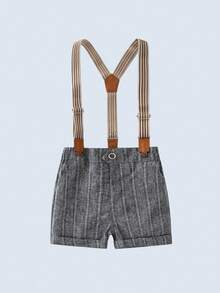 BOARNSEORL 2pcs Baby Boys Gentleman Outfit: Short Sleeve Collared Shirt With Bow Tie And Gray Suspender Shorts, Fashionable & Cute, Suitable For Birthday Party, Banquet, 1st Birthday Ceremony - Grey - View 5