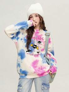 JUTU Autumn/Spring European & American Style Loose Tie-Dye Bat Print Sweatshirt, Women Fashion Round Neck Long Sleeve Top - 819 Meters Apricot-1049 - View 2