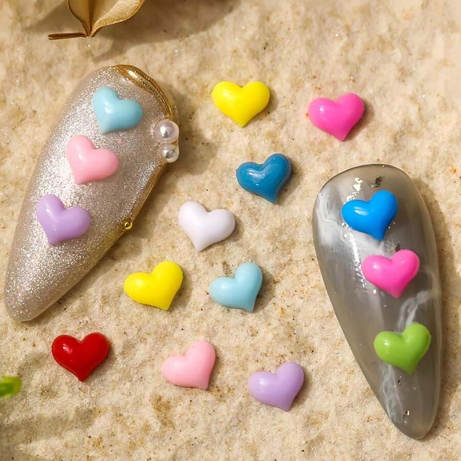 300Pcs 3D Heart Nail Charms Flat Back Heart Nail Rhinestone Resin Hearts Pink Blue Purple Red Mixed Color Mini Hearts Nail Accessories Love Nails Art Charms Nails Supplies For Acrylic Nails Decoration,Silver - Silver - 查看 1