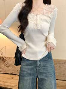 Lace Patchwork V-Neck Long Sleeve Top, 2026 Spring Women's New Pleated Waist Slimming Gentle Style Undershirt - Apricot - View 4