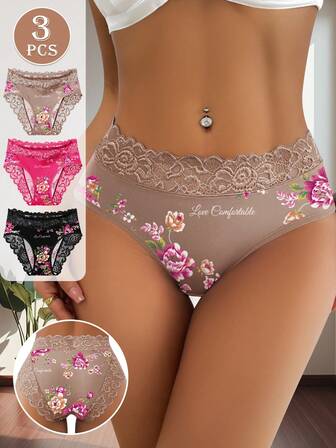 3pcs Women's Romantic Floral Print Comfortable Breathable Cotton Panties, Great Gift Choice