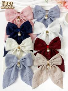 6pcs Solid Color Textured Bow Barrettes With Pearl Pendant, Large Basic Hairclips For Cute Girls & Princess, Suitable For Daily Wear And Party - Multicolor - View 11