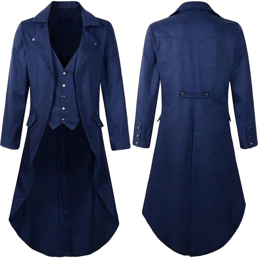 2025 COS Medieval Retro Men's Tailcoat Mid-Length Long Sleeve Jacket Costume Dress, Role Play Outfit - Steam-powered Tuxedo - Navy Blue - View 1