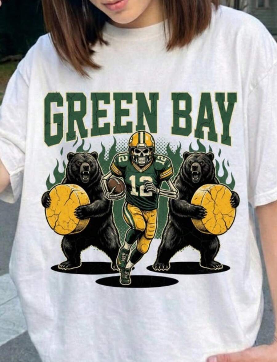 Everyday Green Bay Skull Player Bear Cheese Crew Neck T-Shirts Number 12 Accent Short Sleeve Y2k Casual Wear Suitable For All Seasons Machine Wash For Football Events And Daily Wear - trắng - Xem 1