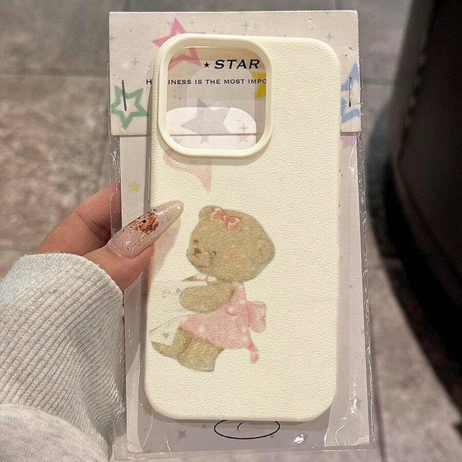 1pc TPU Material Cute Pink Skirt Bear Pattern Phone Case Compatible With IPhone 17 Pro Max/17/16 Pro Max/15/13/12/11, S20 FE/A15/S24/A55, Redmi Note 11/Note 12/Note 13 Pro, Full Coverage Anti-Drop Soft Protective Phone Cover - White - View 1