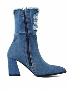 Women's Blue Denim Ankle Boots Pointed Toe Chunky High Heel Jeans Short Booties With Side Zipper Dress Shoes - 深藍 - 查看 6
