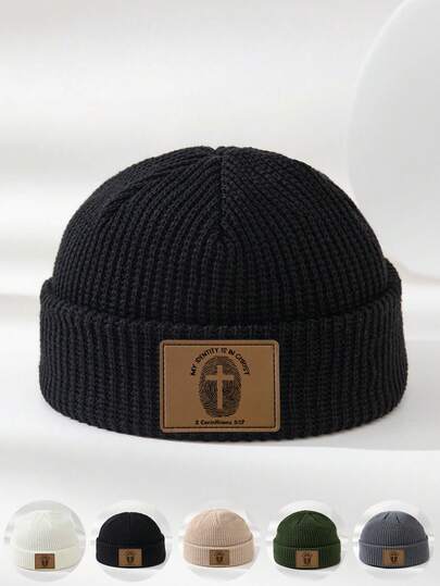 1pc Unisex Black Multi-Color Leather Patch Printed Personalized Warm, Soft, Stretchy Beanie Hat, Suitable For Daily Wear, Versatile &