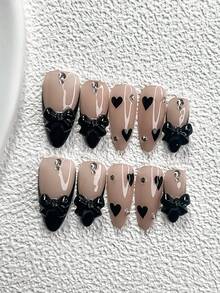 10pcs Minimalist French Nail Stickers Set, Acrylic Nail Art Kit, Hand-Painted Black Heart Nail Decor, Black Bow, White Rhinestone Nail Accessories, Black Nail Polish, Includes Nail Tools (1 Jelly Sticker + 1 Nail File), 3 Sizes Available: Almond, Duck Mouth, Great Gift For Women & Girls, Suitable For Commuting, Party, Play, Photography, Winter Daily Vacation, Etc. Nails Nail Supplies Handmade Press On Nails - 彩色 - 查看 3