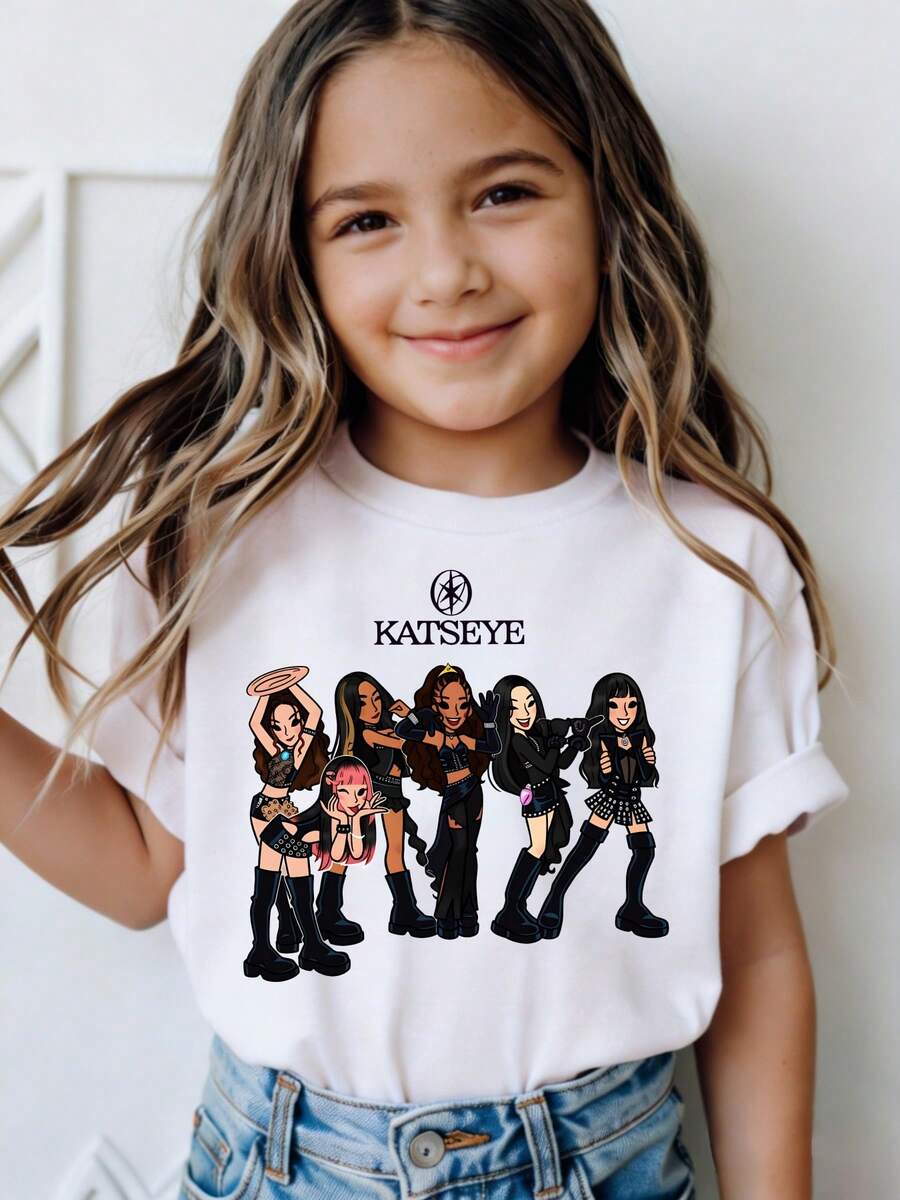 Cool Girl KATSEYE Girl Group Print American Street Y2K Hip-Hop Style Cute Baby Outfit Unlocks Childlike Fun And New Fashion For Little Girls Or Boys. Versatile Casual Outdoor Children's Clothing, Durable, Soft And Comfortable. Skin Friendly Children's Clothing Tops Can Be Given As Gifts - 白色 - 查看 1