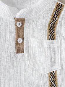 Toddler Boys' Fashion New White Applique Embroidery Top And Solid Brown Shorts, Summer - White - View 4