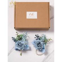Meldel Dusty Blue Corsage And Boutonniere Set, Rose Boutonniere For Men, Prom Flower Wrist Corsage Bracelets, Homecoming Corsages Wristlet, Men Boutonnieres For Wedding Flowers Accessories Prom Suit,BlueWristCorsageandBoutonniereSet - 藍色手腕花和胸花套裝 - 查看 7