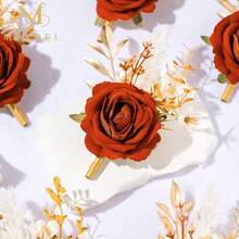 Burnt Orange Velvet Rose Boutonniere For Men,Set Of 6,Groom And Best Man Boutonnieres With Artificial Flower,For Wedding Ceremony Anniversary, Dinner Party, Fall Vintage Rustic Marriage Prom,6pcsOrangeBoutonnieres - 6顆橘色胸花 - 查看 10