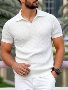 1件男士Polo领飞机领菱形图案短袖针织衫，轻薄透气，适合春夏穿着 - 白色 - 查看 3