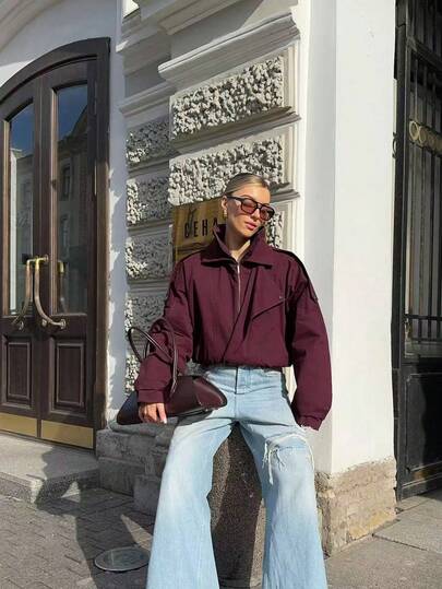 여성용 버건디 봄버 재킷, 긴 소매 대비 칼라, 캐주얼 겉옷