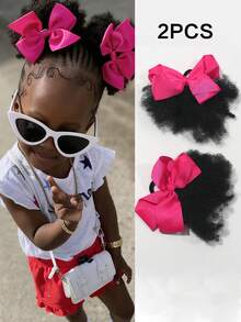 2条装儿童蓬松马尾辫，柔软马尾辫，带弹性蝴蝶结夹，女孩耐热假发 - 自然黑 - 查看 15