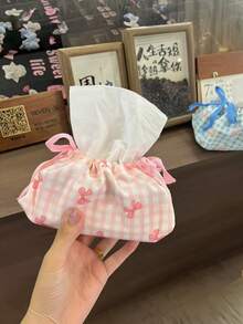 抽绳纸巾盒套 - 蓝白条纹图案配粉色蝴蝶结，手工布艺，防尘收纳盒/桌面/梳妆台收纳袋，适合女性/家居装饰爱好者/大学生，可用于咖啡桌/卧室/宿舍 - 彩色 - 查看 4