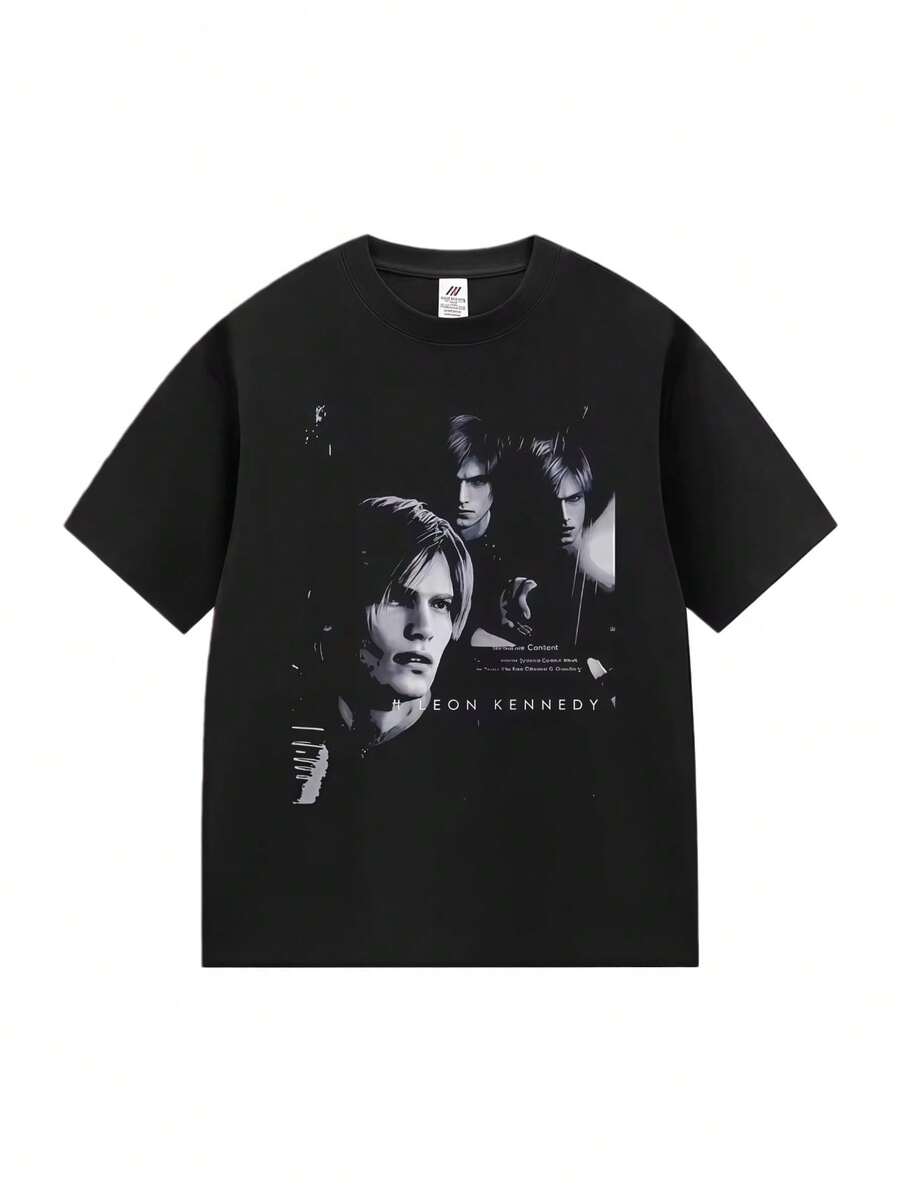 Limited Leon S Kennedy Residents Evil Graphic T Shirt Men Gothic Cosplay Clothing T-Shirts Y2k Unisex Cotton Short Sleeve T-Shirt - 黑色 - 查看 1