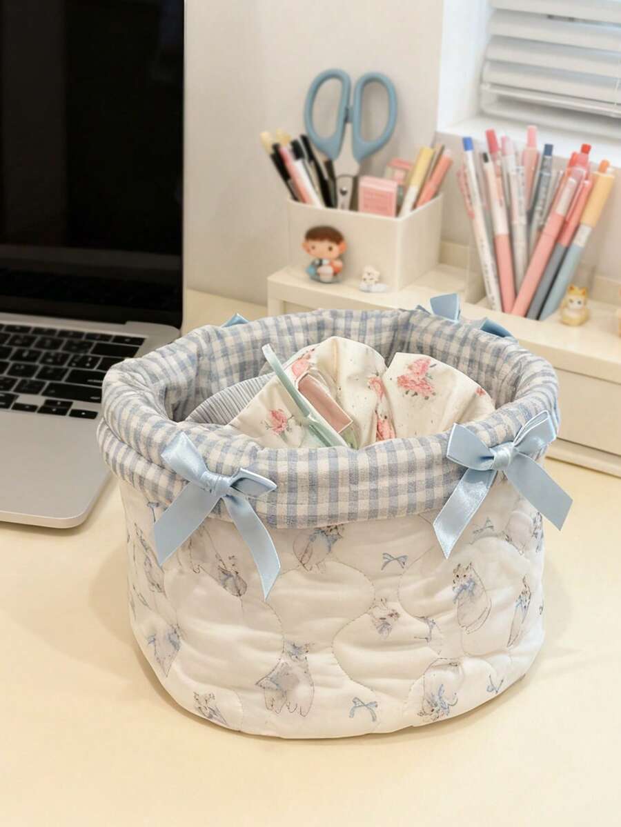 Cute Cat Print 3D Bow Lace Storage Basket, Desktop Organizer Basket For Makeup Brushes And Skincare Products, Desktop Decor, Cosmetic Storage, Portable Picnic Basket, Suitable For Valentine's Day Gift, Bathroom Storage, Skincare Storage, Suitable For Home, Travel, Vacation And School Use, Convenient Storage Bag, Bedroom Essential, Birthday Gift, Gift For Friends And Teachers, Multiple Styles Available - Multicolor - View 1