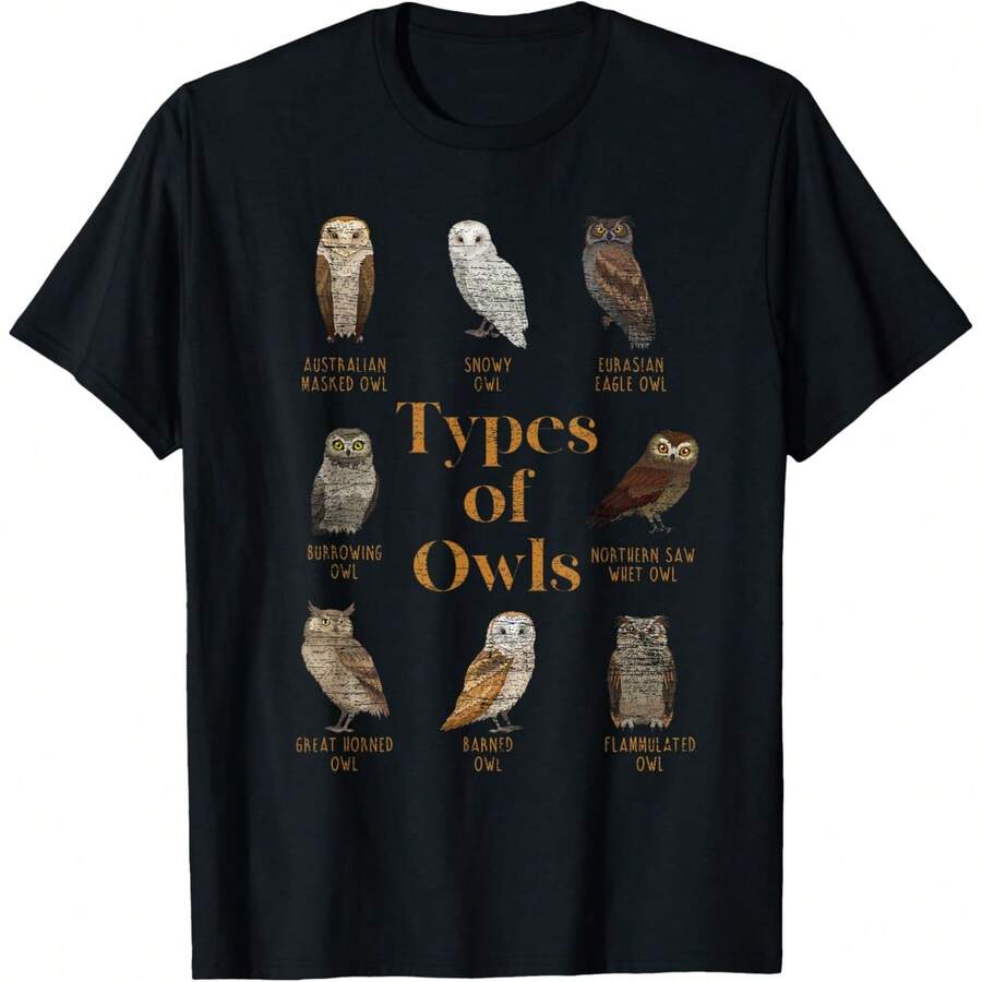 Camiseta con diseño de tipos de búhos, regalo para ornitólogo, amante de los animales y aves sabias - Negro - Ver 1