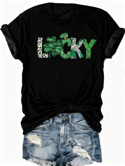Women'S Lucky St. Patrick'S Day Graphic Tee, 100% Polyester Short Sleeve Crew Neck T-Shirt, Casual Spring/Summer Knit Pullovers With Applique Detail, H-Contour Regular Length Top