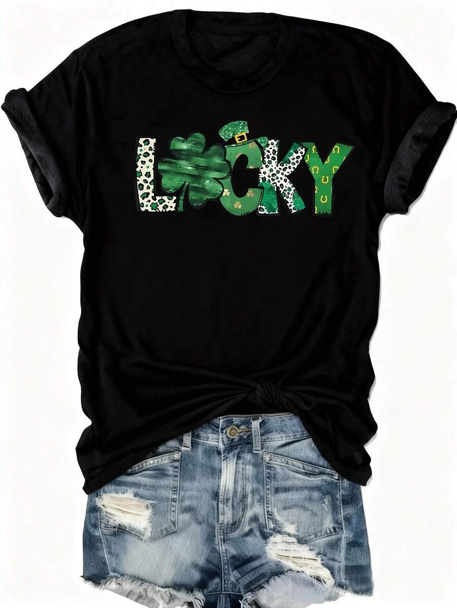 Women'S Lucky St. Patrick'S Day Graphic Tee, 100% Polyester Short Sleeve Crew Neck T-Shirt, Casual Spring/Summer Knit Pullovers With Applique Detail, H-Contour Regular Length Top - Black - View 1