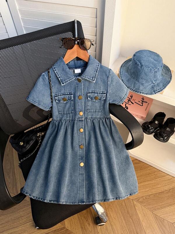 Young Girl Fashionable Short Sleeve Single-Breasted Dress With Bucket Hat Decor, Suitable For Daily, Outdoor, School, Commute, Vacation, Spring/Summer