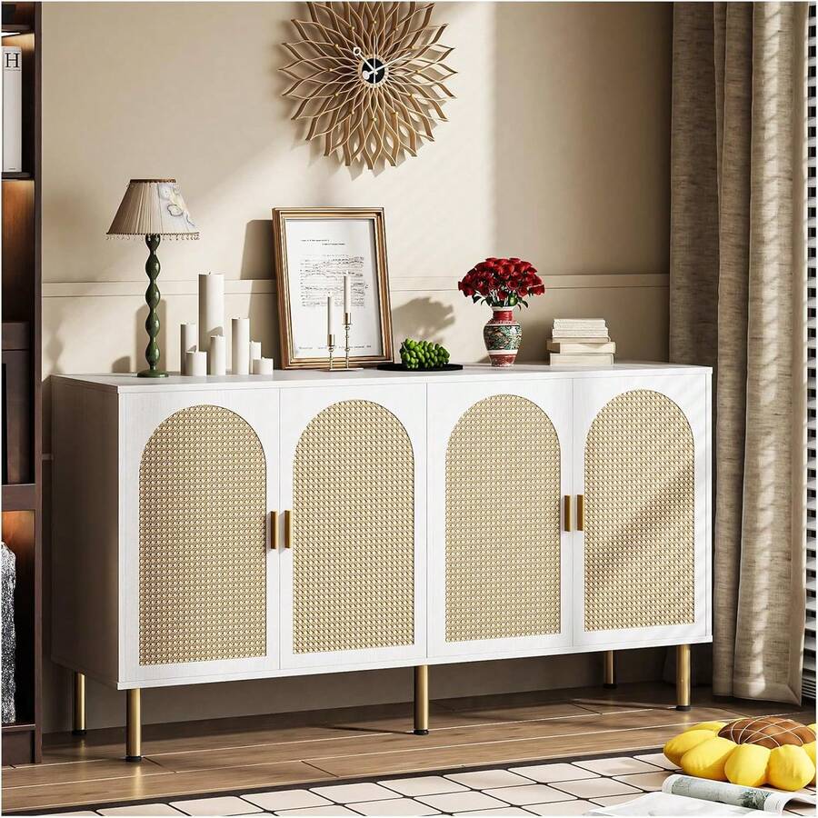 Alacenas para Cocina 1.2,Bufetera Mueble con 4 Puertas,Credenza Bufetera con 4 Puertas de Ratán Natural,para Cocina, Comedor, Sala de Estar. - Blanco - Ver 1