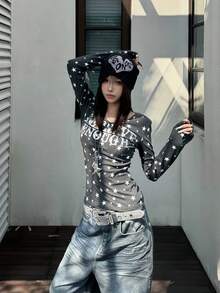 星形印花修身长袖上衣，收腰设计，适合早春穿着 - 深灰色 - 查看 1