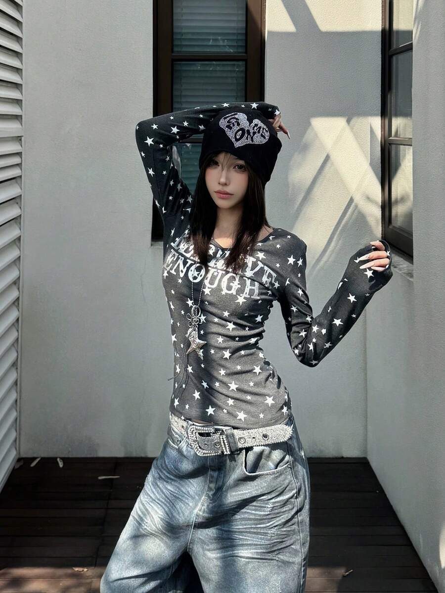 星形印花修身长袖上衣，收腰设计，适合早春穿着 - 深灰色 - 查看 1