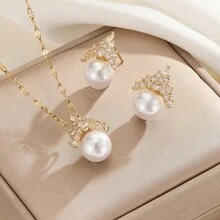 Bộ trang sức gồm mặt dây chuyền hình vương miện và bông tai bằng thép không gỉ dành cho nữ, thiết kế sang trọng đính đá lấp lánh, phụ kiện quà tặng. - Vương miện vàng - Xem 6