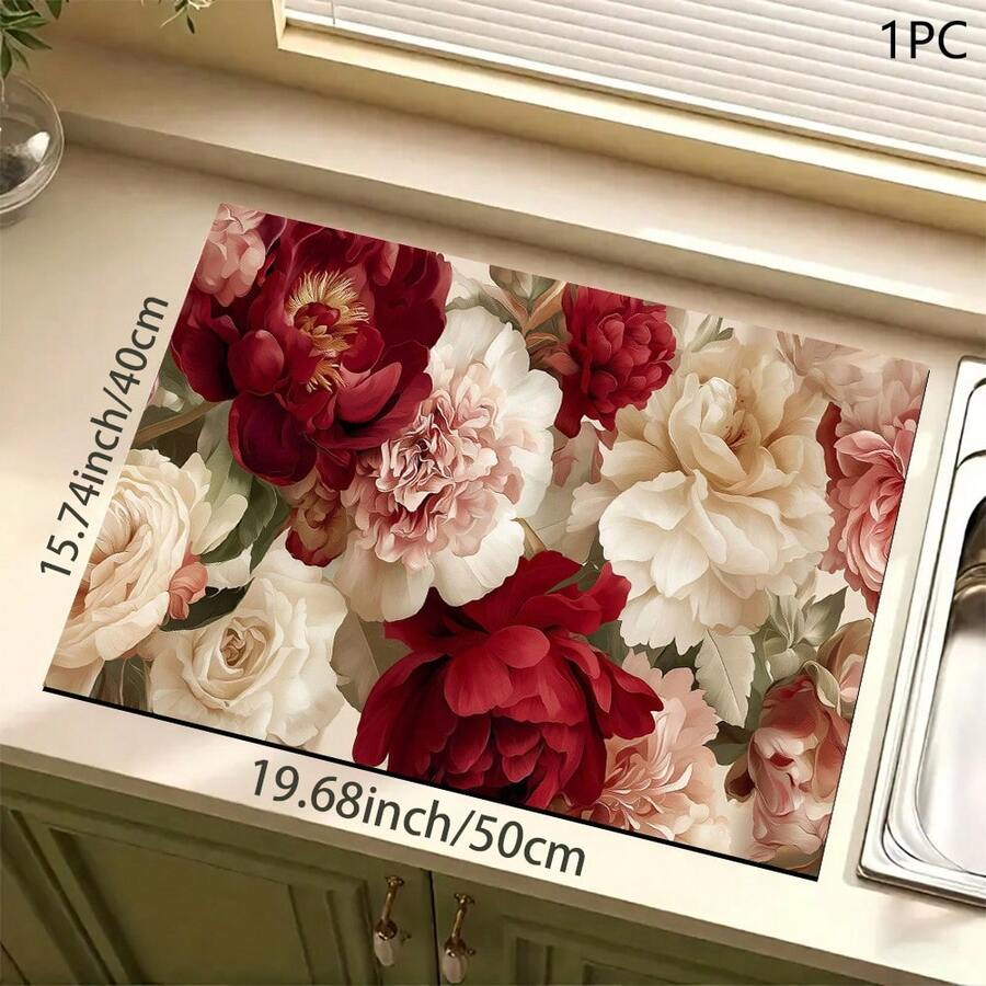 1 pieza Estera absorbente/secado con estampado floral de peonía para cafetera, platos - Estera protectora absorbente de poliéster para escritorio con almohadilla antideslizante de goma, para decoración de la encimera de la cocina, bar en casa y mesa de comedor - Multicolor - Ver 1