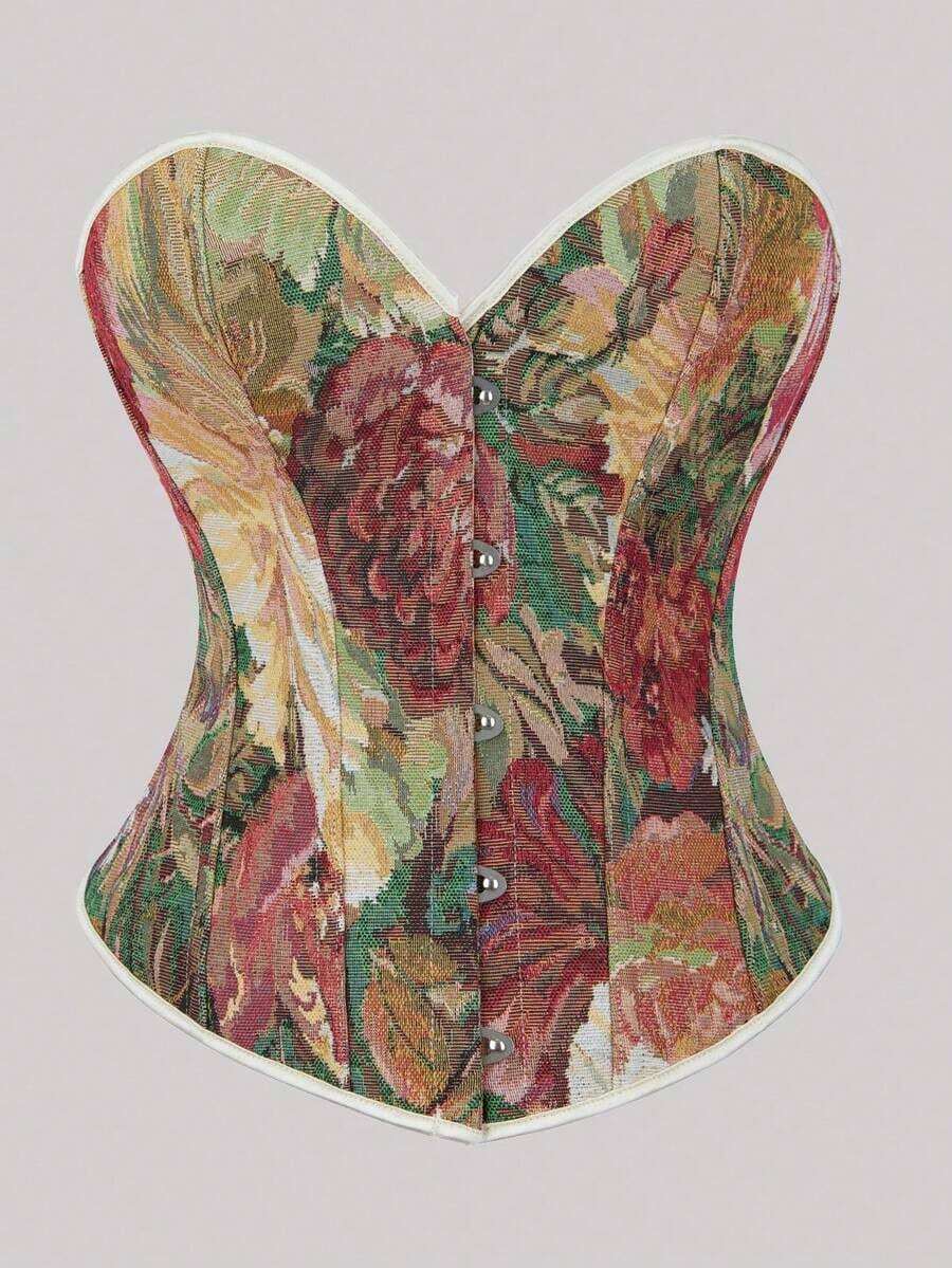 Plus Size Floral Print Lace Up Corset Top Vintage Women Holiday Party Tops For Oktoberfestin Munich ,Halloween,Christmas,New Year,Valentine's Day - Apricot - View 1