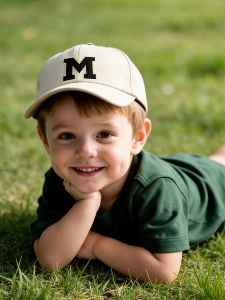 1 pieza Gorra de béisbol azul marino con letra A-Z para niños, con correa ajustable, sombrero deportivo de moda con cierre de gancho y bucle, adecuado para niños y niñas de 3 a 8 años, adecuado para la escuela - Beis - Añade 2