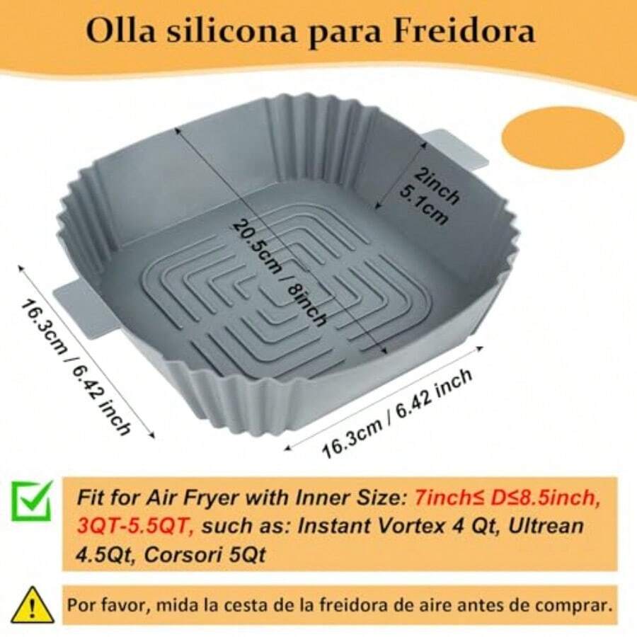 FIAN Silicona Moldes para Freidora de Aire Accesorios para Freidora de Aire Reutilizable Antiadherente 3pcs Silicona Cuadrada Bandeja para Freidora de Aire Horno Microondas Baking Gris - Gris+Rojo+Azul - Ver 1