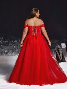 VIPGIRL 优雅红色露肩大码高开衩A字连衣裙，褶皱腰身设计，雪纺裙摆，优雅派对礼服，女士正式舞会礼服 - 紅色 - 查看 2