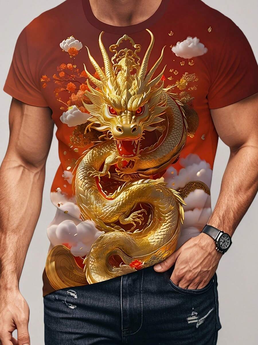 Men's Full-Body 3D Dragon Print T-Shirt - Chinese Dragon Design With Red, Golden & Suitable For Chinese Events, Casual Wear, Round Neck Short Sleeve Tee, Machine Washable Dragon T-Shirt, PLUS SIZE - 混合色 - 查看 1