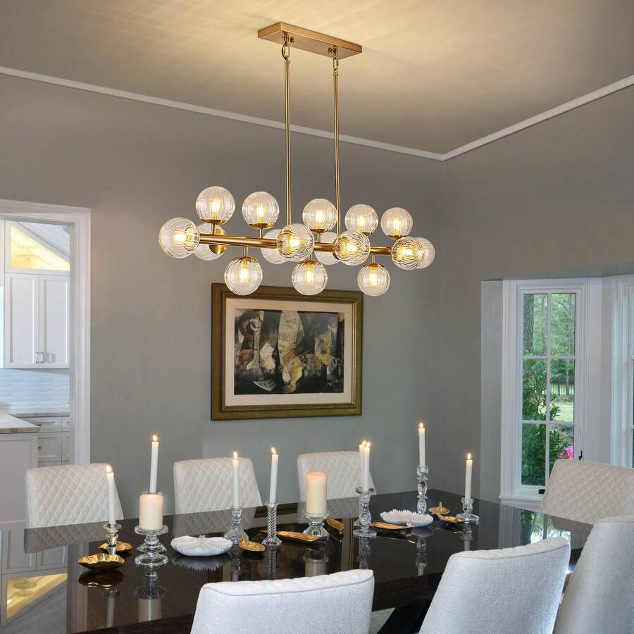 16 Lights Modern Rectangle Chandelier Gold Pendant Ceiling Light Fixture Clear Glass Globe Chandeliers For Dining Room Kitchen Island - 金色 - 查看 1