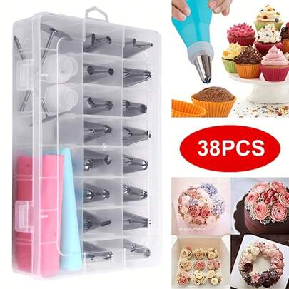 Kit de decoração de bolos com 38 peças, composto por 32 bicos de confeitar, 2 sacos de confeitar reutilizáveis, 2 adaptadores e 2 pinos de confeitar. Ideal para confeccionar bolos, biscoitos e outros tipos de doces, é um utensílio essencial para a cozinha.
