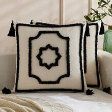 1pc/2pcs Set Semi-Circle Geometric Pattern Pillow Case, Canvas Circle Velvet Embroidery Crafted Square Cushion Cover, For Daily Use In Bedroom, Living Room, Sofa, Yard, Garden Decor, Without Core 30*50cm 45*45cm - Black - View 8