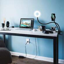 带环形灯和手机支架的金属夹灯，不防水，二合一夹式支架，适用于手工艺、阅读、视频录制和学习照明 - 黑色 - 查看 10